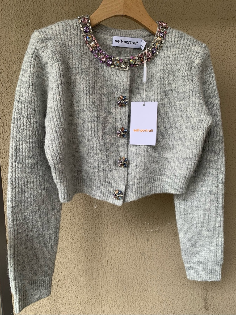 Self-Portrait Heather Gray Cropped Knit Cardigan with Jeweled Collar